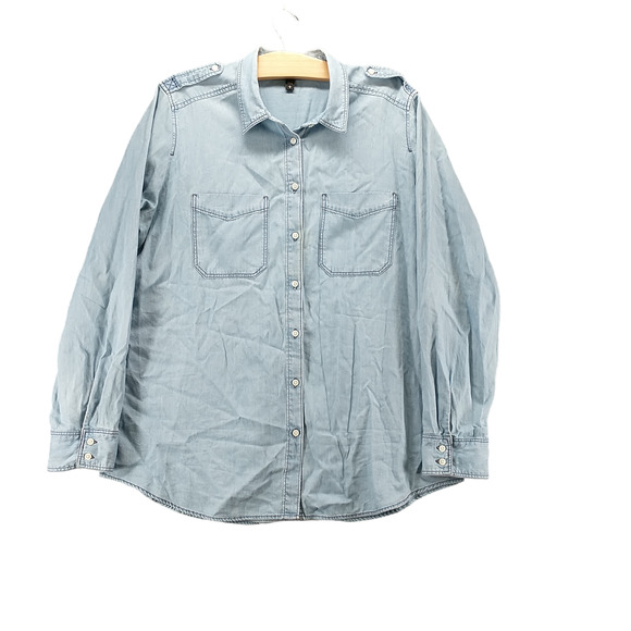 Express Mens Denim Button-Up Shirt Blue Large Long Sleeve Chest Pockets - Picture 1 of 12